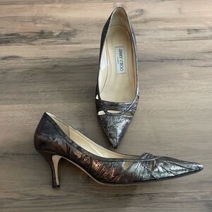 JIMMY CHOO METALLIC SNAKESKIN CUT OUT KITTEN HEEL MULES PUMPS SHOES SIZE 6.5